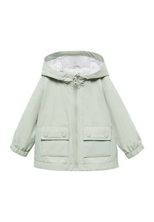 Lichtgroene jas met kap, rits aan de voorkant, elastische manchetten en twee zakken aan de voorkant met drukkers. Gladde buitenkant en gevoerde binnenkant.