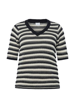 Pull à manches courtes en V en rayures noir et crème. Tissu tricoté texturé avec un col et des poignets côtelés. Forme ajustée et décontractée.