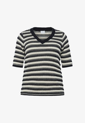 Melna un krēmkrāsas svītraina V-veida kakla īsās piedurknes džemperis. Strukturēta adīta auduma izskats ar ribotām apakšmalām un piedurknēm. Brīva, pieguļoša forma.