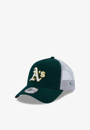 Green baseball cap with a white mesh back, featuring an embroidered "A's" logo in white and yellow on the front. Adjustable strap at the back.