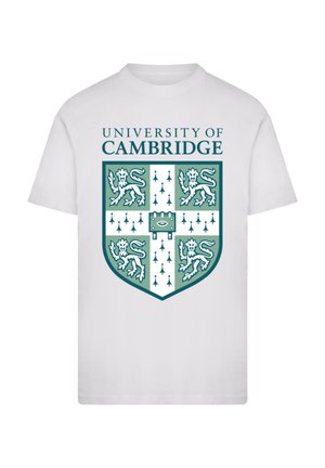 White cotton t-shirt featuring the University of Cambridge crest in green, with lions, arrows, and a central shield element.