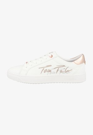 White sneaker with smooth synthetic upper, featuring rose gold accents on the heel, flat laces, and a bold logo printed on the side.