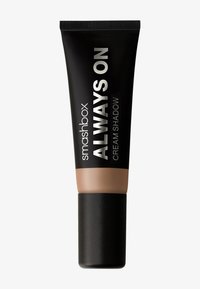 Smashbox Always On Cream Shadow mustassa putkessa, jossa on metallinhohtoinen hopeateksti, matta musta korkki ja beige pohja. Puristettavan muotoilun ansiosta helppo levittää.