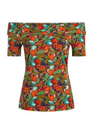 Top scollato con un vibrante motivo multicolore di frutta e foglie. Maniche corte, design aderente e tessuto liscio.