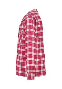 Rood-witte geruite flanellen shirt, met een enkele borstzak, lange mouwen en een klassiek kraagontwerp. Zachte textuur.