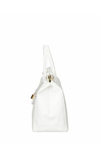 Biała skórzana torebka o strukturalnym kształcie, z podwójnymi uchwytami, złotymi akcentami i teksturowaną powierzchnią. Wymiary wskazują, że jest średniej wielkości.