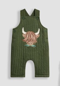 Grüne gesteppten Latzhosen mit einem braunen gestickten Hochlandrind-Motiv auf der Vorderseite, mit Knopfverschlüssen und geripptem Material.