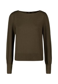 Olivgrüner Pullover mit langen Ärmeln, rundem Halsausschnitt, geripptem Saum und Bündchen, weichem strukturiertem Strickstoff und dezent gepuffter Schulterdetails.
