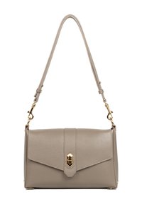 Borsa a tracolla in pelle grigia con forma rettangolare, chiusura a patta, hardware in tonalità oro, tracolla regolabile e finitura texture sobria.