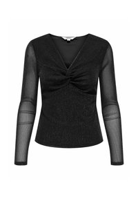 Top nero a maniche lunghe da donna con maniche trasparenti, scollo a V, dettaglio arricciato sul petto e tessuto leggermente glitterato.