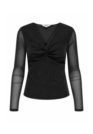 Svart långärmad damtröja med genomskinliga ärmar, V-ringning, veckad detalj vid bröstet och subtilt glittrigt tyg.