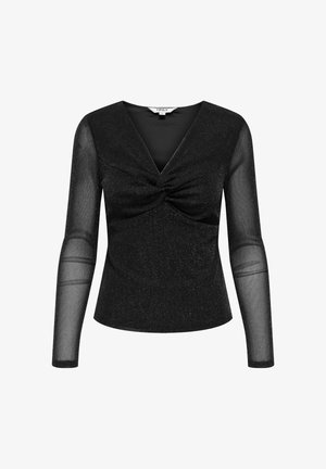 Melna sieviešu topa ar garām piedurknēm, caurspīdīgām piedurknēm, V veida izgriezumu, krūšu daļā savāktu detaļu un smalki spīdīgu audumu.