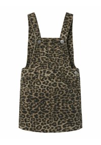 Kratka haljina od denima s printom leopard, s podesivim trakama, dva prednja džepa, gornjim kopčama na gumb i blago širim rubom.