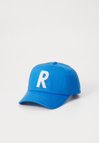 Blue cotton baseball cap with a curved brim and a white embroidered "R" on the front, featuring six ventilation eyelets.