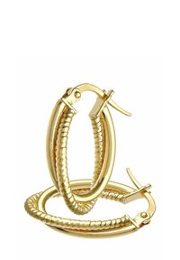 Auksiniai auskarai žiedai su sukta dizainu, blizgiu paviršiumi ir saugiu uždarymo mechanizmu, kuris sukuria tekstūrinį vizualinį efektą.