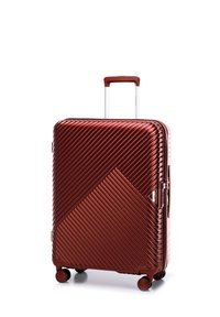 Valigia rigida di colore bronzo metallico con texture a righe diagonali, dotata di manico telescopico, quattro ruote e serratura integrata.