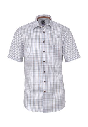 Kurzärmeliges Hemd mit Knopfleiste, blau-braun kariertem Muster, Brusttasche und Kentkragen, auf weißem Hintergrund dargestellt.