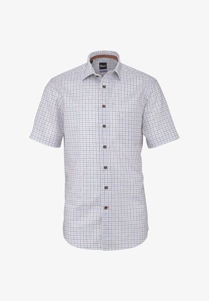 Camicia a maniche corte con bottoni, motivo a quadri blu e marrone, taschino sul petto e colletto aperto, mostrata su sfondo bianco.