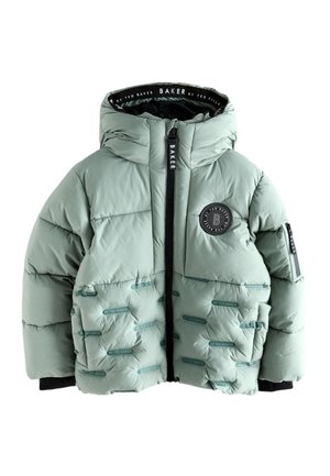 Lysegrøn polstret børnejakke med hætte, lynlås foran, sidelommer samt "Baker by Ted Baker" logoer på stof og lynlåstræk.