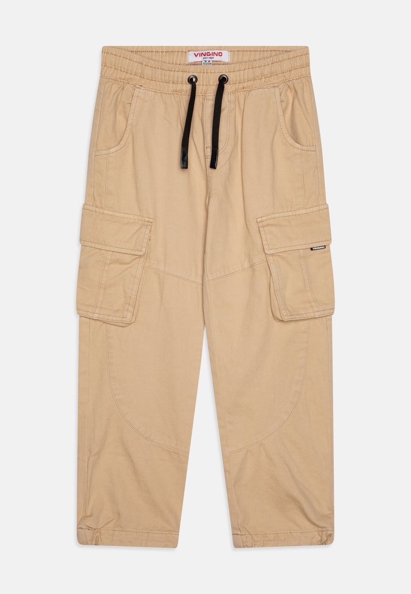 Pantalons cargo beige avec une taille élastique, cordon de serrage noir, poches latérales et poches à rabat sur les cuisses. Fabriqués en tissu cotonnade résistant.