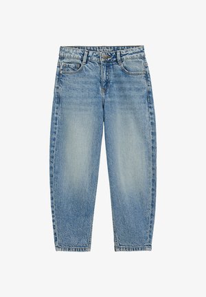 Šviesiai mėlyni džinsai su tiesiu kirpimu, penkių kišenių stiliumi ir nudėvėtu tekstūru. Savybės: mygtukas ir užtrauktukas.