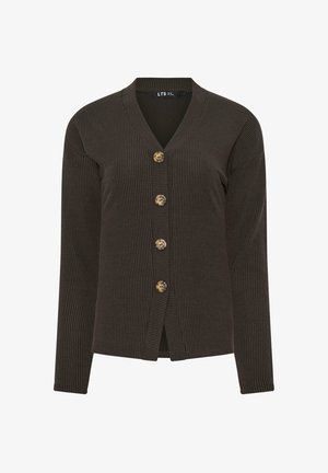 Cárdigan de punto acanalado marrón oscuro con cuello en V, mangas largas y cuatro botones de carey en la parte delantera.