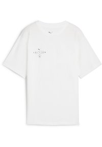 T-shirt blanc à manches courtes en coton avec un col rond. Présente un imprimé graphique gris au centre, incluant le logo de la marque et du texte.