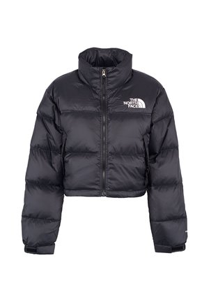 Giacca a vento nera accorciata con zip frontale, colletto alto, e logo The North Face sul lato sinistro del petto e "700" sul polsino sinistro della manica.