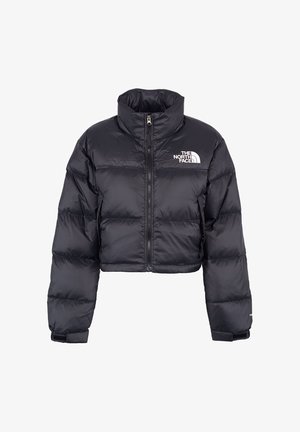 Giacca a vento nera accorciata con zip frontale, colletto alto, e logo The North Face sul lato sinistro del petto e "700" sul polsino sinistro della manica.