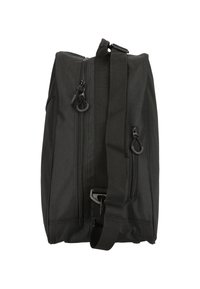 Musta kangasinen duffel-laukku, jossa kaksi vetoketjullista osastoa, säädettävä olkahihna ja tukeva rakenne. Pinta on teksturoitu ja muotoilu minimalistinen.