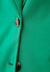 Gros plan sur un tissu vert à la texture lisse, avec un gros bouton rond au design marbré. Détail de couture visible le long du bord.