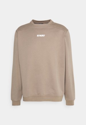 Sweat-shirt beige à col rond avec manches longues et logo blanc "K-WAY" centré sur la poitrine, sur fond uni.