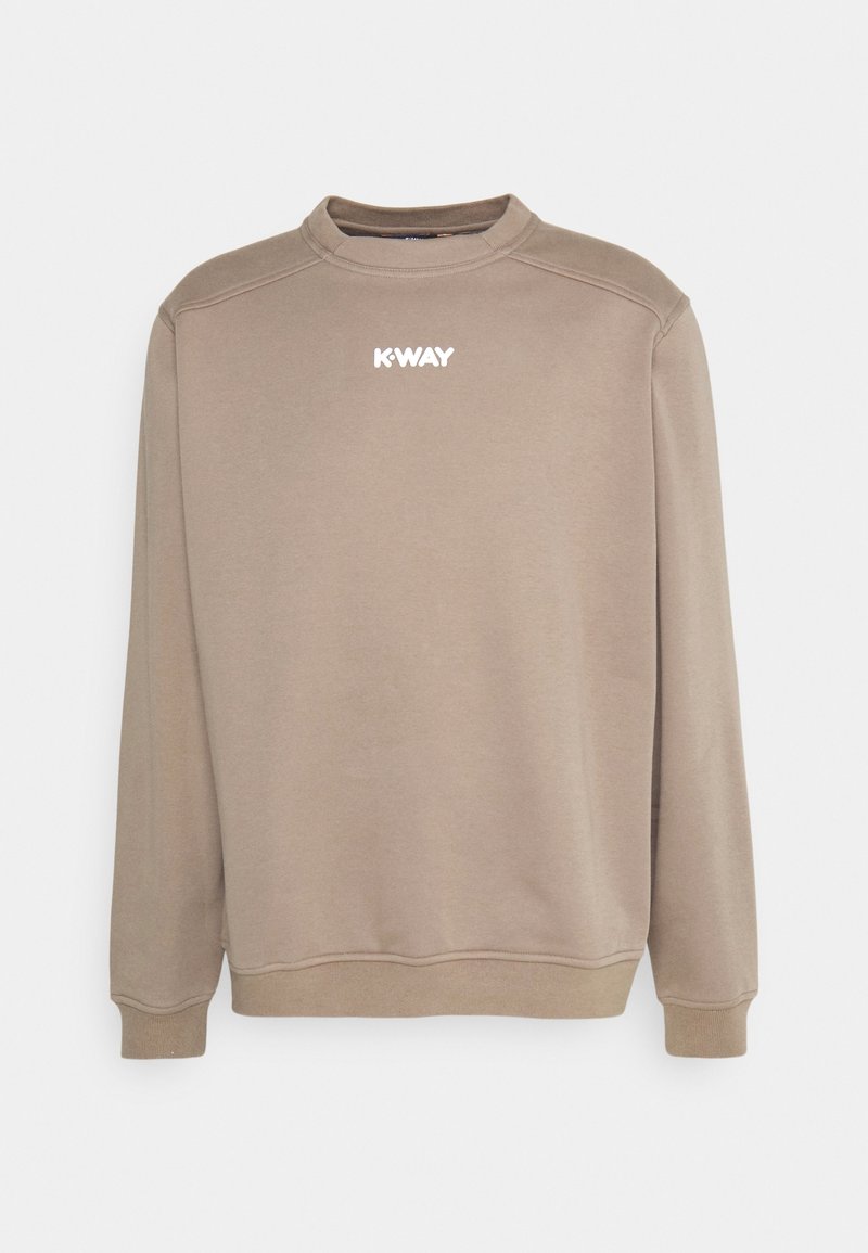 Sweat-shirt beige à col rond avec manches longues et logo blanc "K-WAY" centré sur la poitrine, sur fond uni.