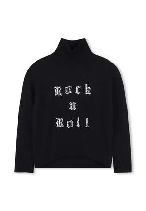 Zwarte coltrui met de woorden "Rock n Roll" in witte gotische letters, met ribbelmouwen en een cropped ontwerp.