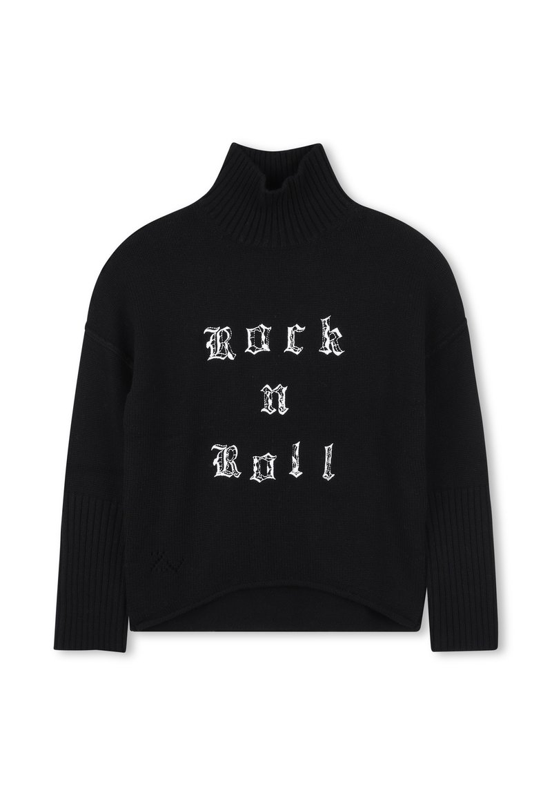 Svart turtleneck genser med ordene "Rock n Roll" i hvit gotisk skrift, ribbede ermer og et kort design.