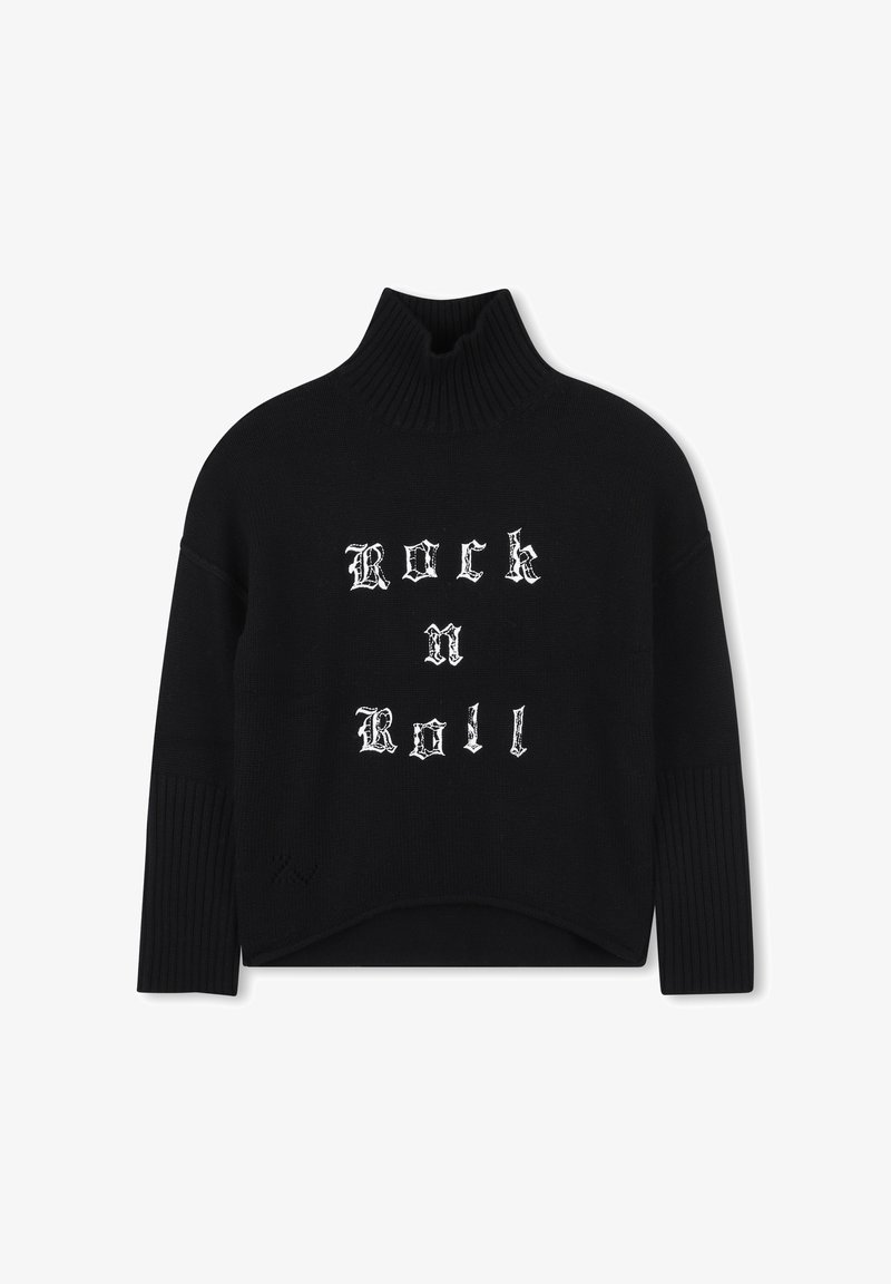 Mustar turtleneck-sviiter, millel on valged gooti kirjad "Rock n Roll", ribakäised ja lühike disain.