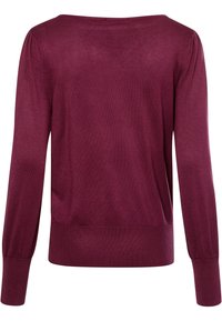 Pull pour femme à manches longues en bordeaux foncé avec poignets ajustés et ourlet large, vu de dos.