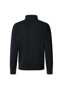 Strukturierter schwarzer Pullover mit hohem Kragen, langen Ärmeln und tailliertem Saum. Hergestellt aus weichem Material, designed für einen lässigen Sitz.