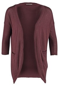 Otevřený, dlouhý cardigan v burgundské barvě s dlouhým rukávem, se dvěma předními kapsami a volným střihem, vyrobený z lehkého pleteného materiálu.