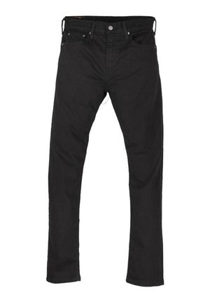 Black denim jeans with a straight cut, five pockets, and a metal button closure. The fabric has a smooth texture and minimal stitching details.