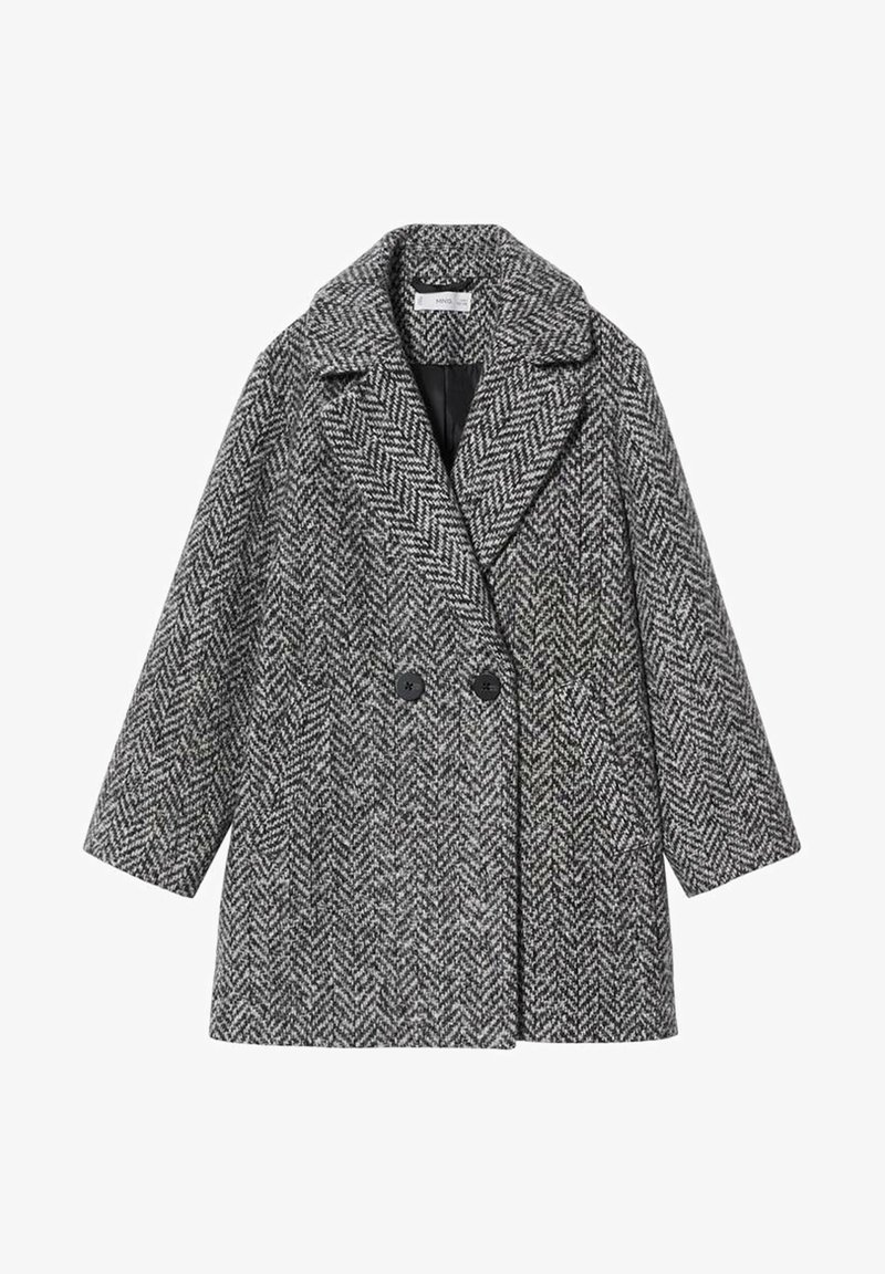 Cappotto grigio a spina di pesce con design doppiopetto, ampi revers e due chiusure con bottoni neri. Tessuto strutturato, maniche a lunghezza media.