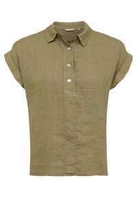 Camicia di lino verde oliva con colletto, maniche corte arrotolate e chiusura a bottoni con cinque bottoni bianchi sul davanti.