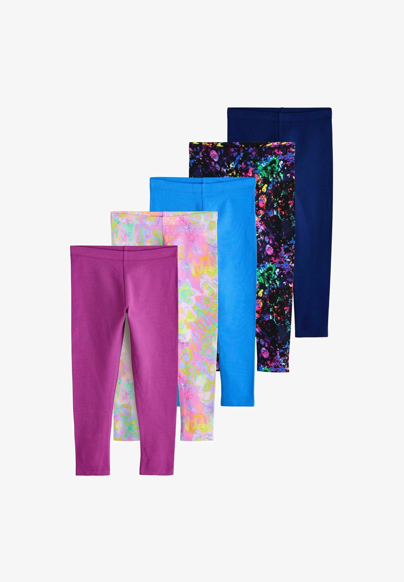Cinco pares de mallas dispuestos en fila: azul oscuro, azul, multicolor estampado, floral en tonos pastel y púrpura sólido. Tejido suave y elástico.