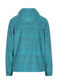 Teal jakke med et geometrisk mønster i grå. Hætte-design med elastiske manchetter og en afslappet pasform. Letvægts, syntetisk materiale.