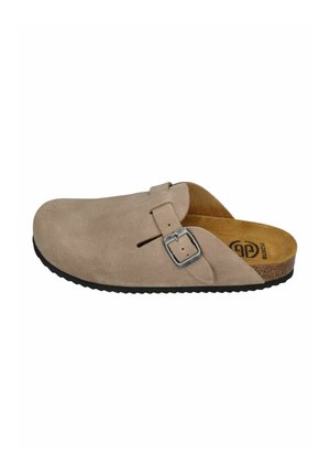 Beige suede clog with an adjustable silver buckle and browner cork footbed, featuring a textured black rubber sole.