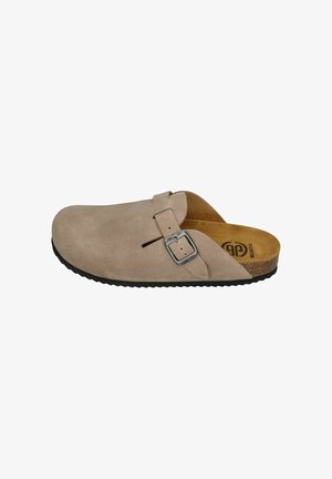 Beige suede clog with an adjustable silver buckle and browner cork footbed, featuring a textured black rubber sole.