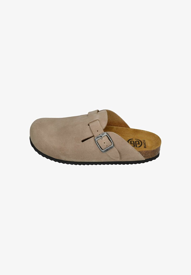 Beige suede clog with an adjustable silver buckle and browner cork footbed, featuring a textured black rubber sole.