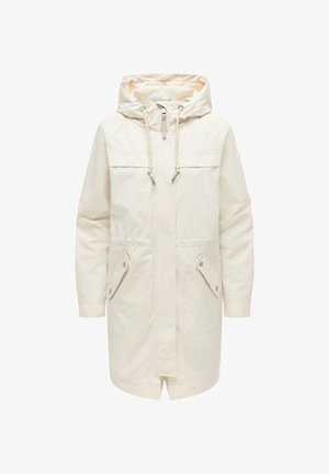 Parka longue couleur crème avec capuche, fermeture éclair à l'avant, cordons de serrage réglables et deux poches à rabat inclinées avec boutons-pression.