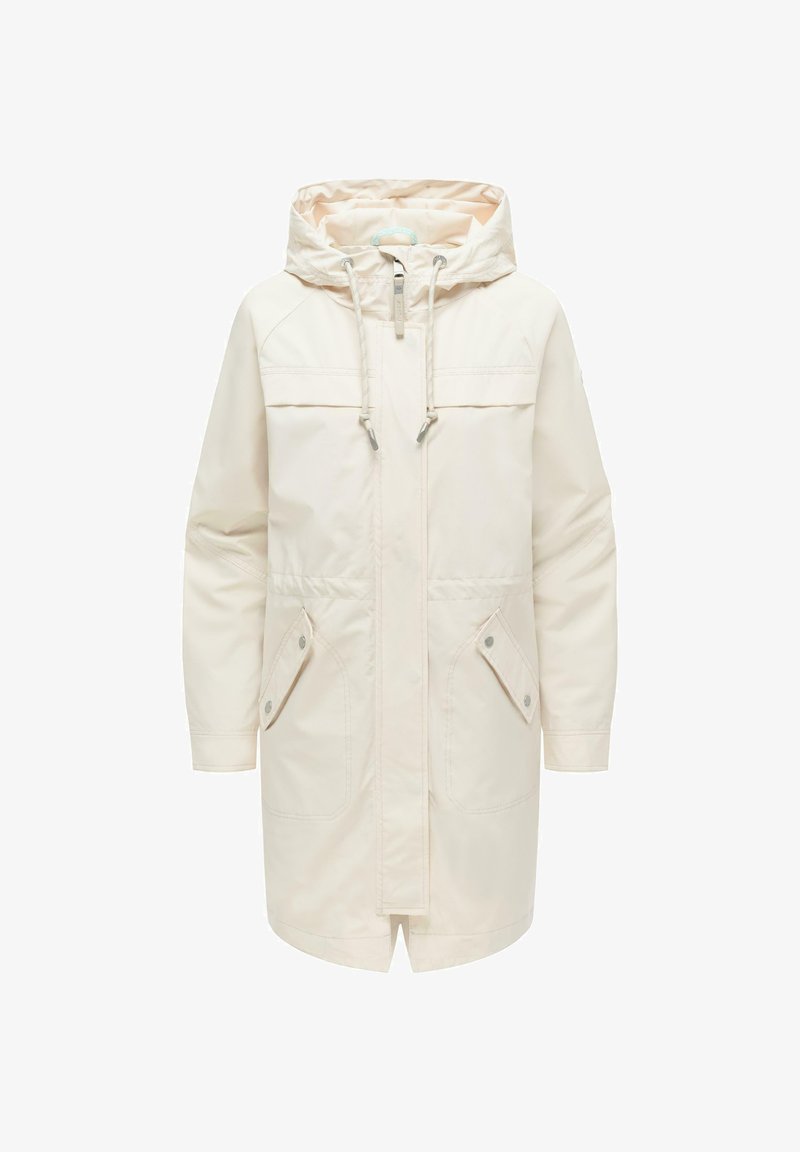 Długa kremowa parka z kapturem, zapinana z przodu na zamek, z regulowanymi sznurkami i dwoma ukośnymi kieszeniami z patkami zapinanymi na zatrzaski.