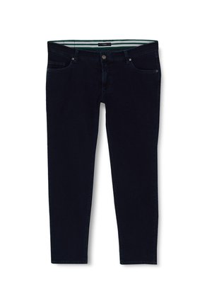 Dunkelblaue Jeans aus Denim, Slim-Fit, mit Knopfverschluss, Gürtelschlaufen und Taschen. Das Innenfutter hat ein gestreiftes Muster.